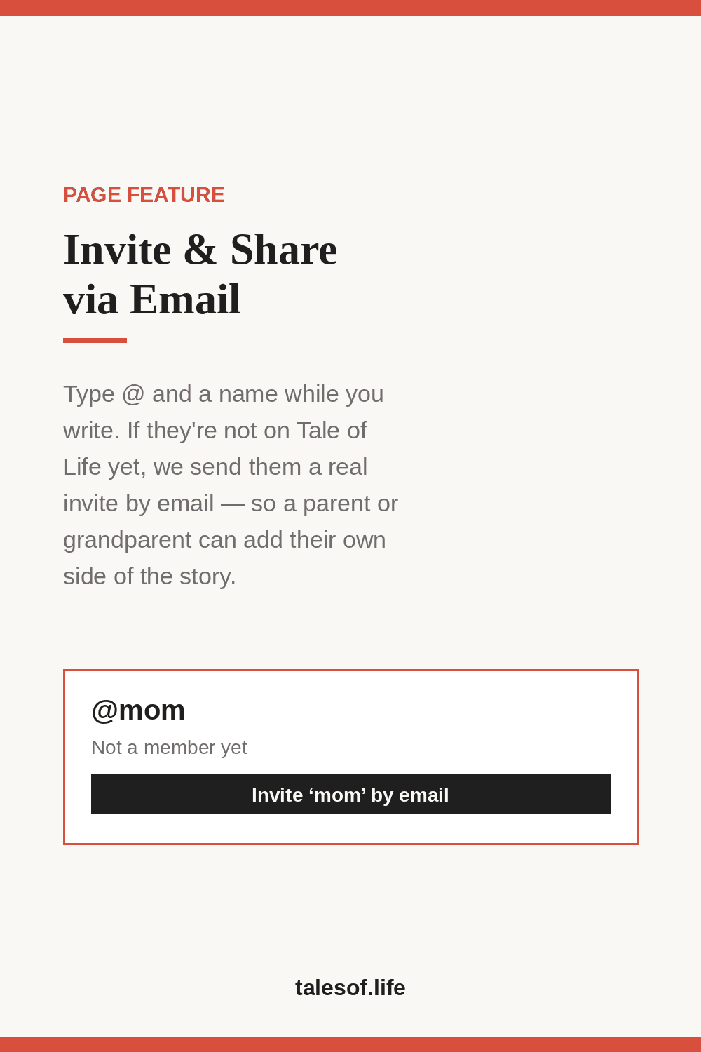 Invite parents to write with you - Tale of Life Invite and Share via Email feature