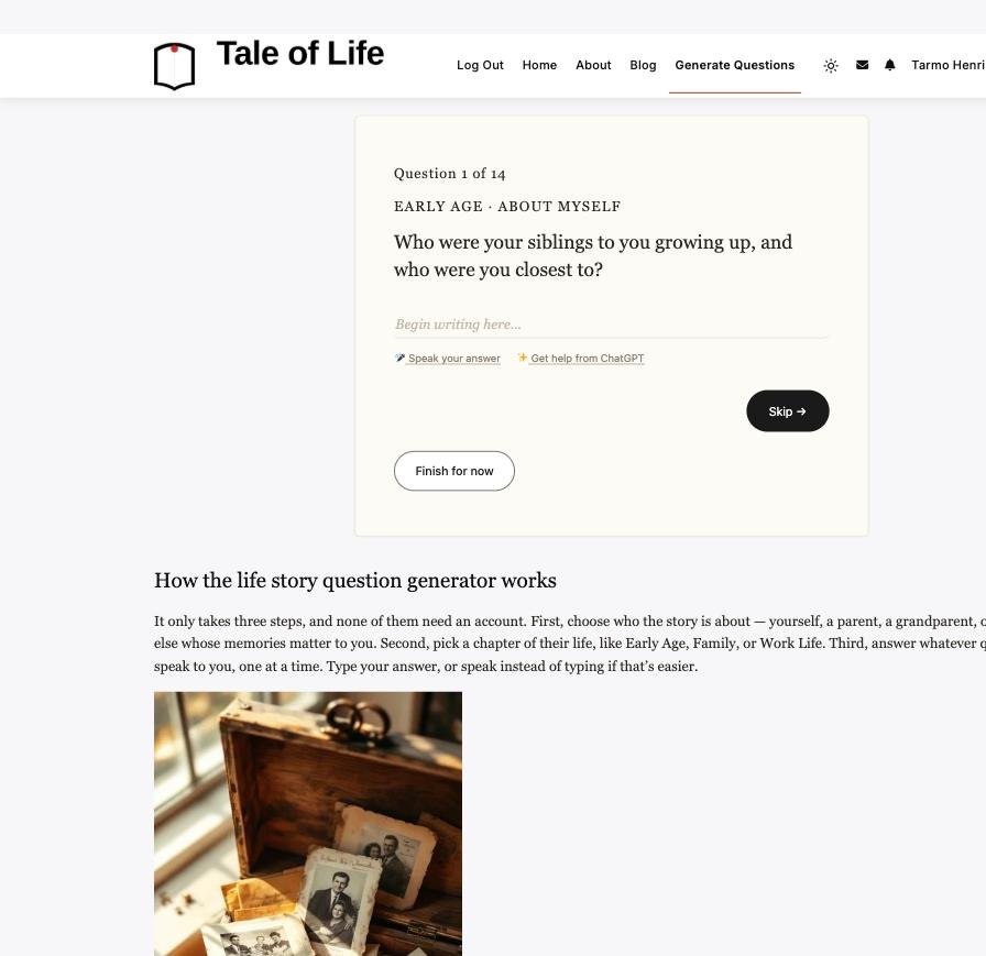 A real question from the Life Story Question Generator, with Speak your answer and Get help from ChatGPT options