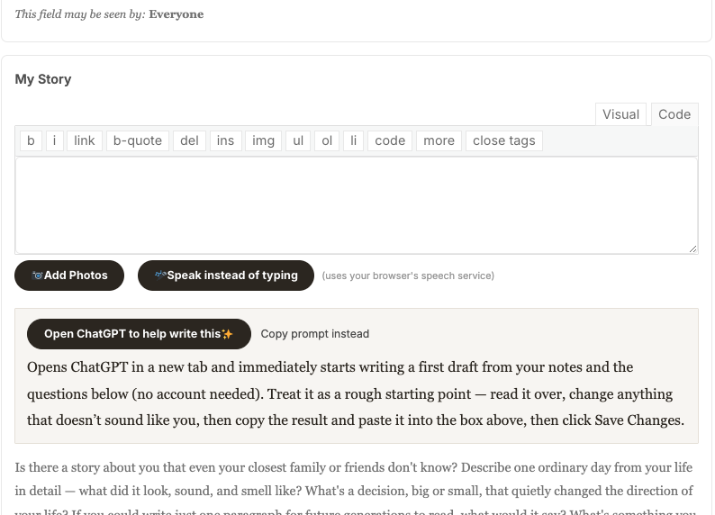 The My Story profile field with the Open ChatGPT to help write this button and guided questions