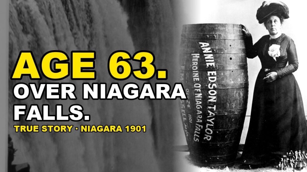 Annie Edson Taylor standing beside the oak barrel she rode over Niagara Falls in 1901