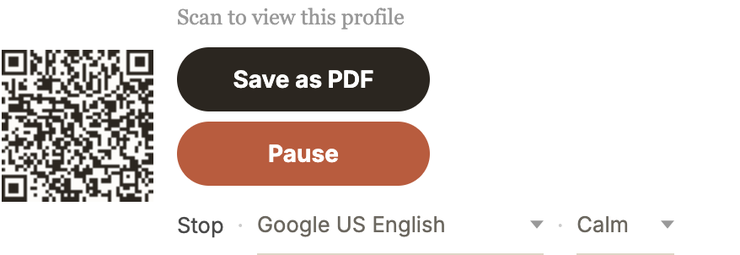 Screenshot of the Save as PDF and Listen to this story buttons on a Tale of Life profile