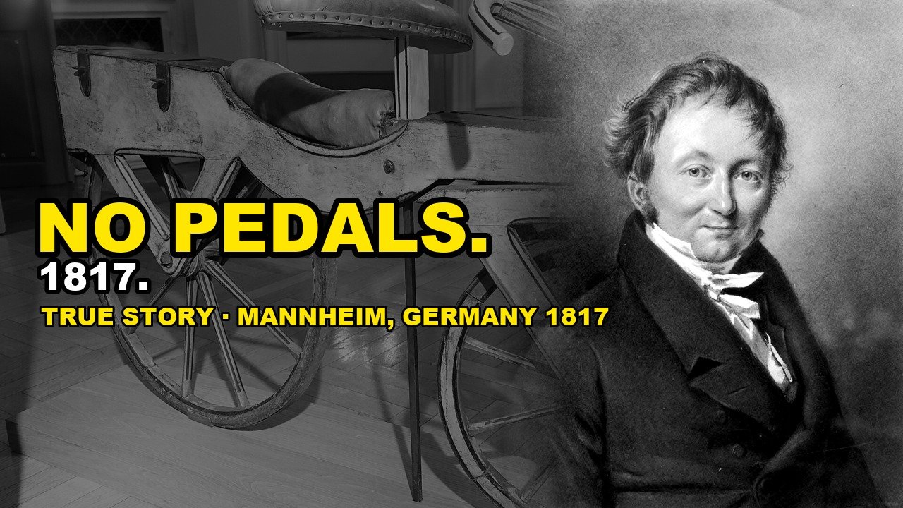 Karl Drais riding his wooden running machine, the first bicycle, around 1819